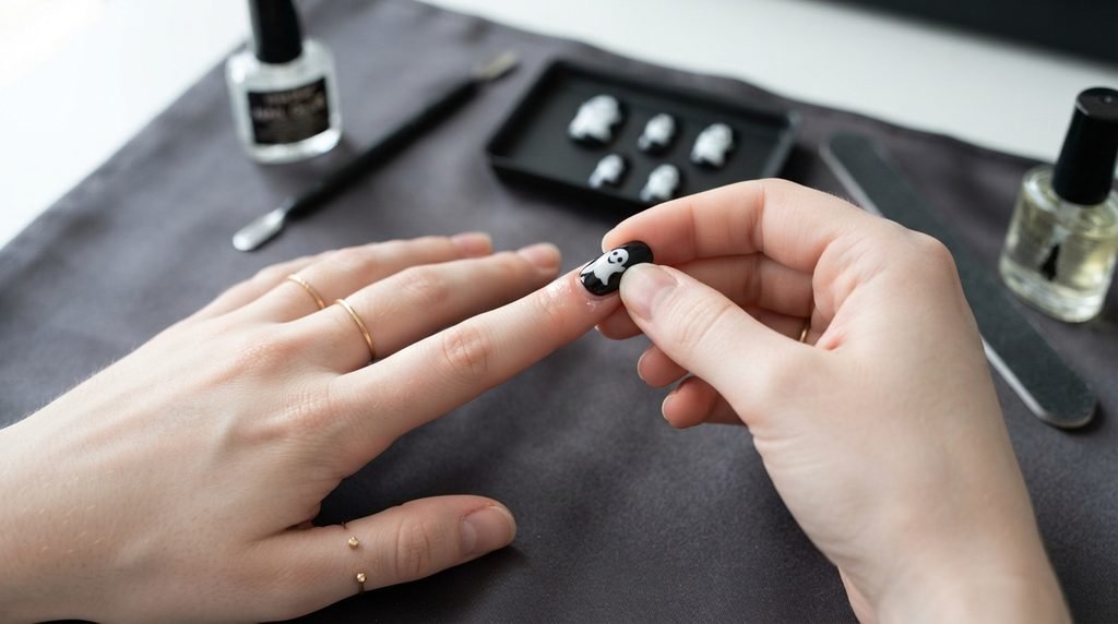 White skin hand applying custom black and white ghost press-on nail over dark background mat.
