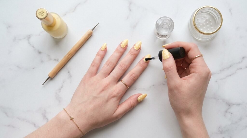 Flat-lay image showing hands painting nails with yellow polish and polka dot tools on a marble table.