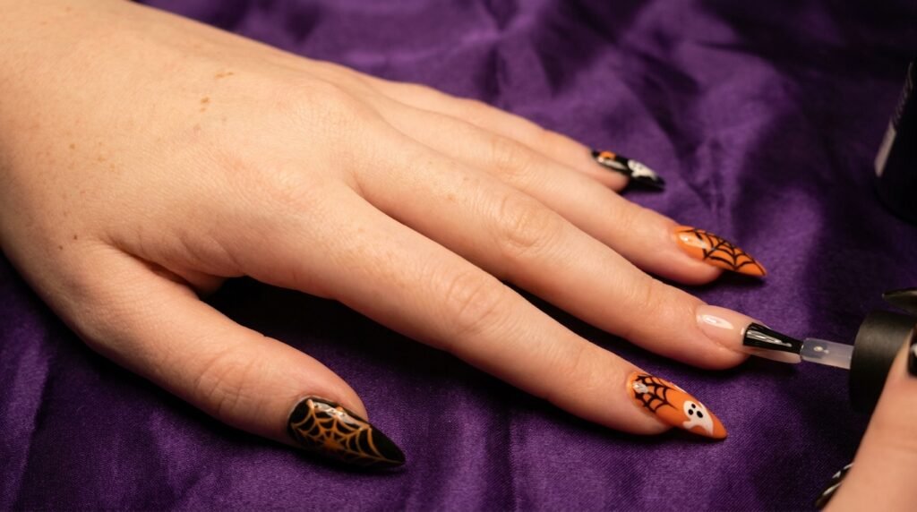 Clear top coat being applied to long stiletto Halloween nails on an 18-year-old female hand with white skin.