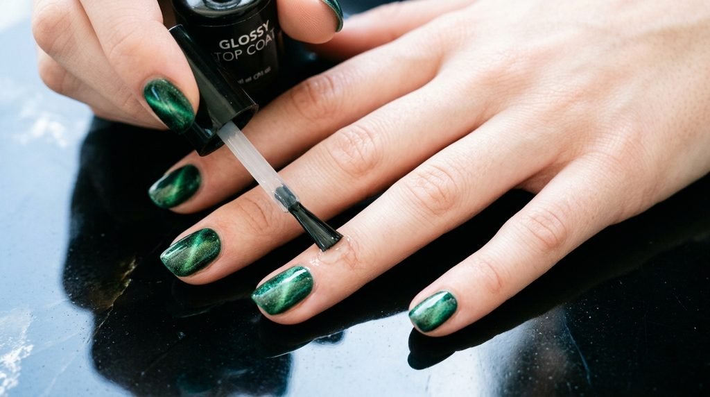 Glossy top coat application on emerald cat eye nails on an eighteen-year-old female hand with very white skin against black onyx.