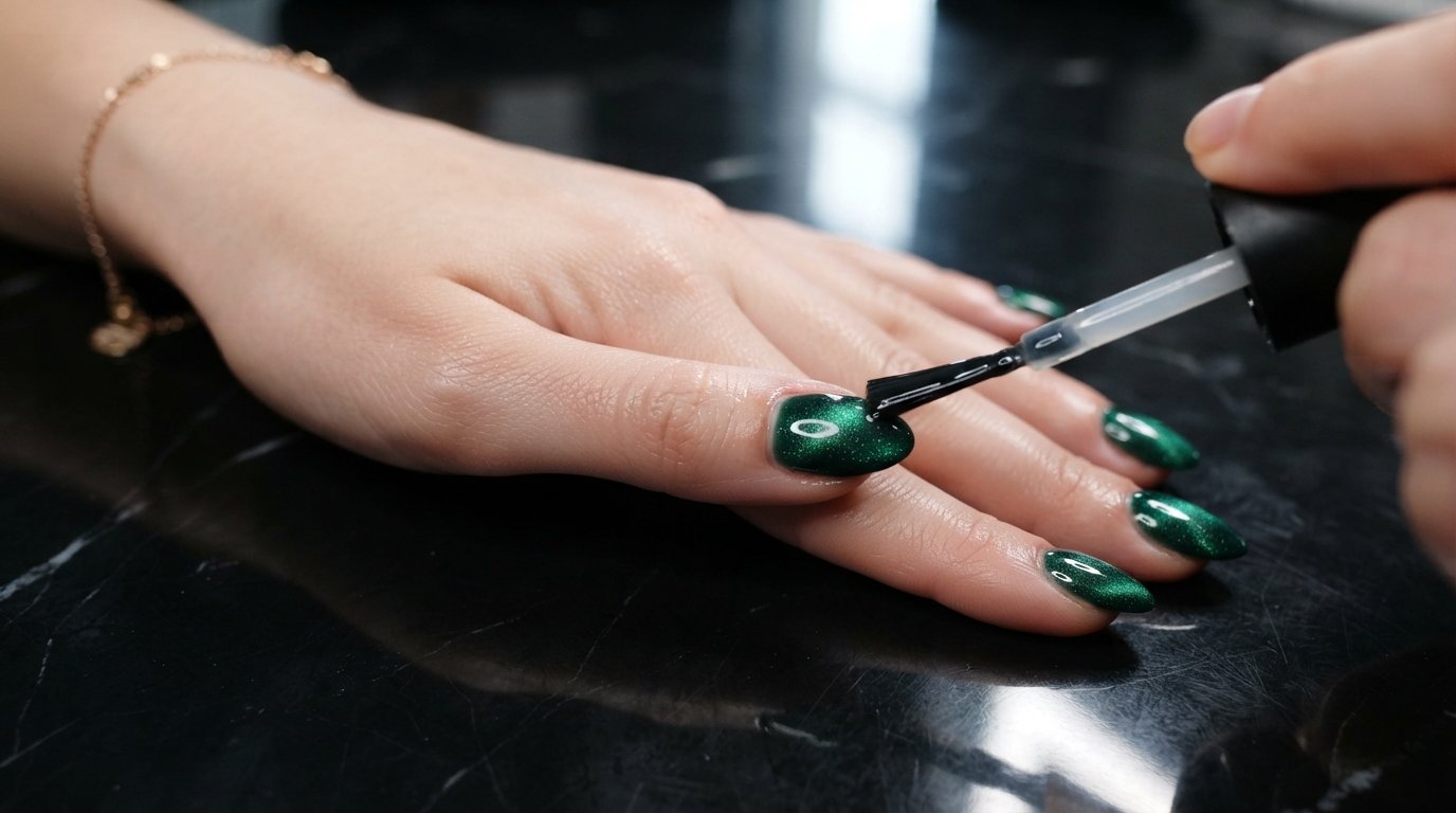 Short emerald cat eye nails on an eighteen-year-old female hand with very white skin against dark burgundy suede.
