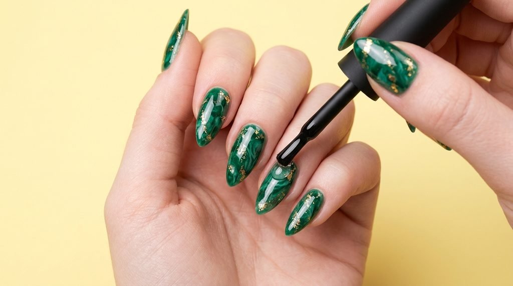 Fair-skinned hand holding a nail art brush over freshly glossy emerald green marble stiletto nails against a pastel yellow surface.