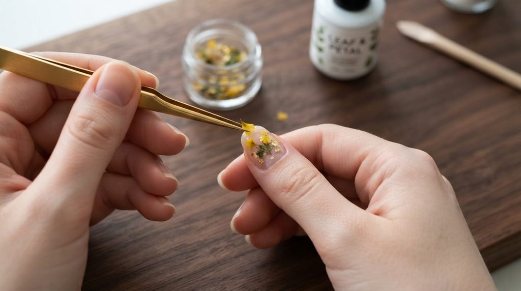 Hand with white skin using gold tweezers to place tiny dried flower petals onto a nail over walnut wood.