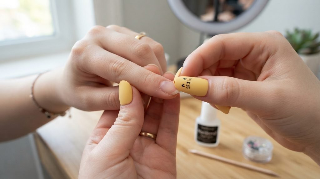 Press-on nail with black cat design being applied to hand with white skin.