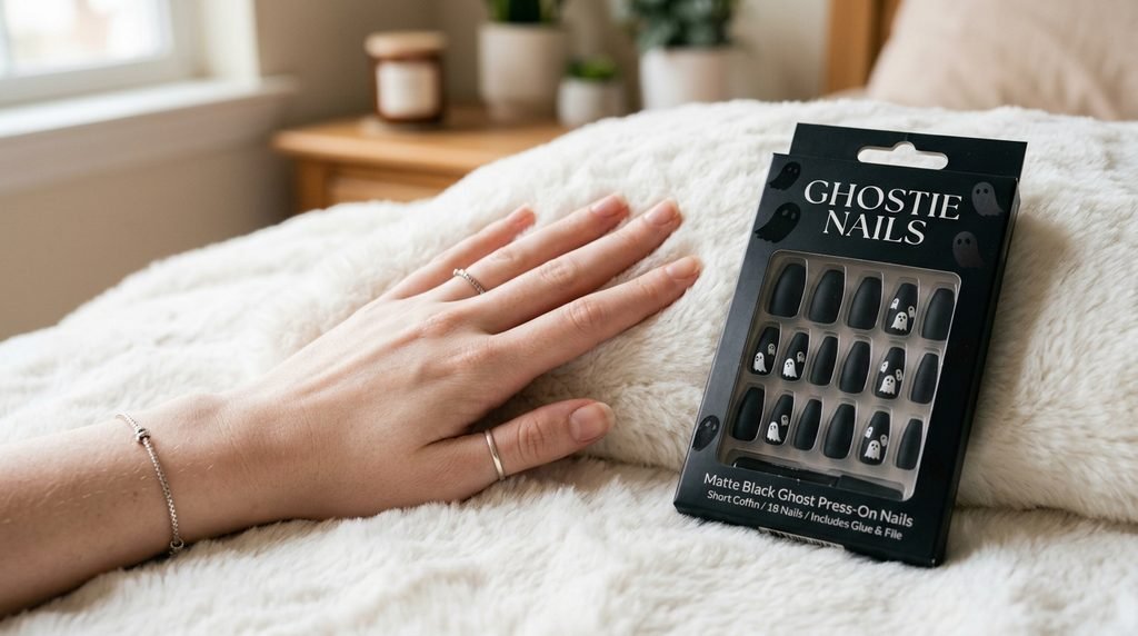 Boxed set of matte black press-on nails with white ghost designs next to a hand with very white skin.