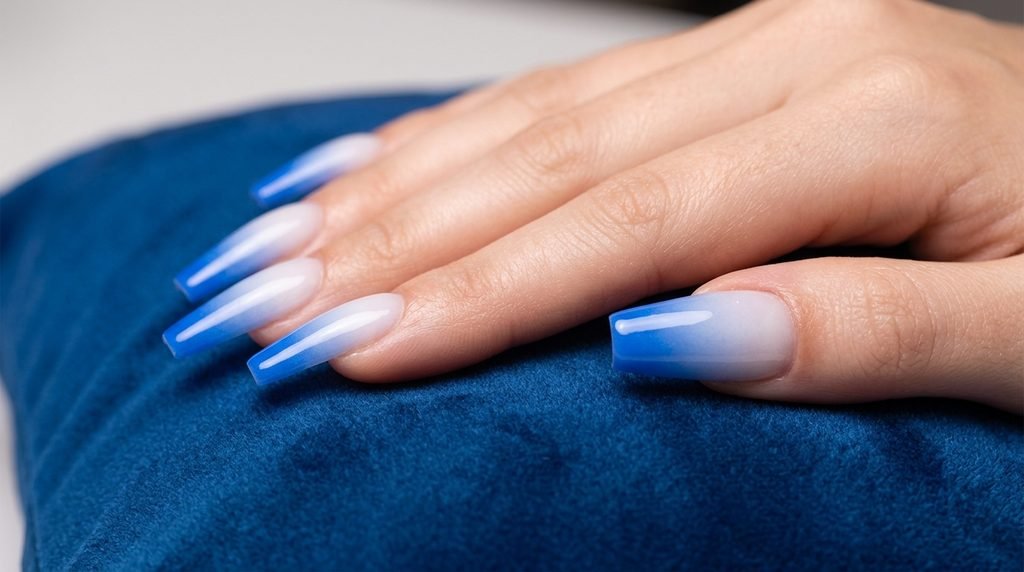Close-up shot showing the thin, perfectly structured side profile of a coffin blue ombré gel nail.