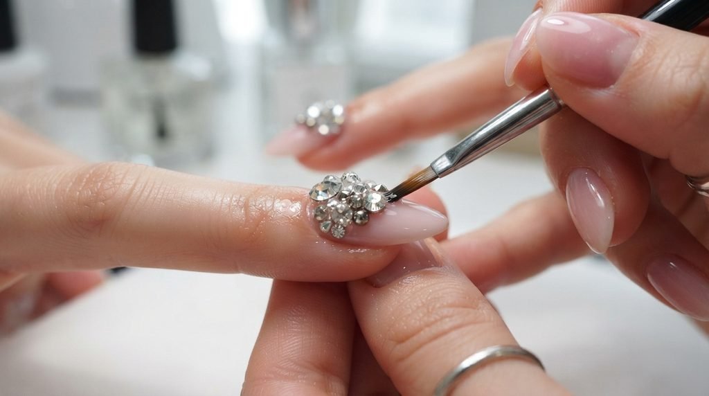 Extreme close-up showing top coat gel being applied around 3D rhinestones on a nail to stop hair snagging.
