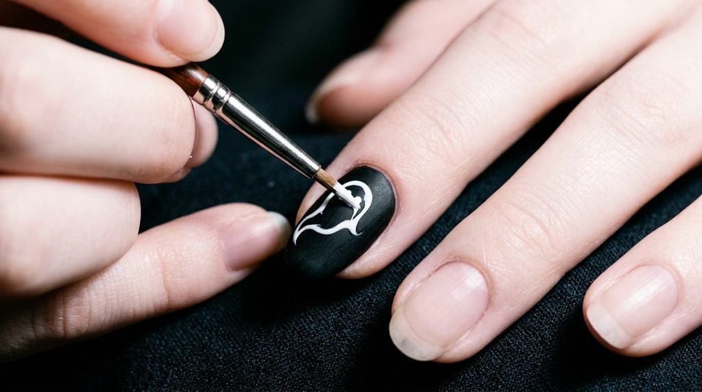 Fine liner brush painting white gel onto a black nail on a female hand with very white skin.