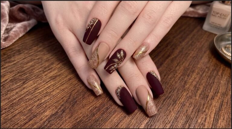 A fair-skinned hand displaying long burgundy coffin nails decorated with small gold foil flakes against a beige sweater backdrop.