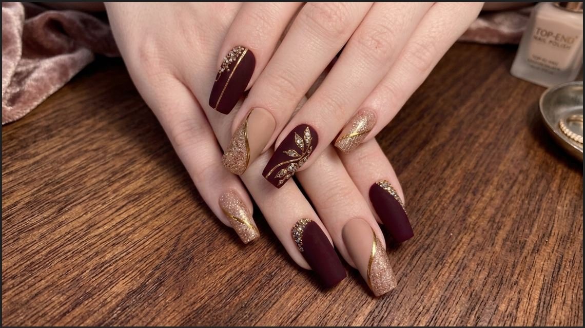 A fair-skinned hand displaying long burgundy coffin nails decorated with small gold foil flakes against a beige sweater backdrop.