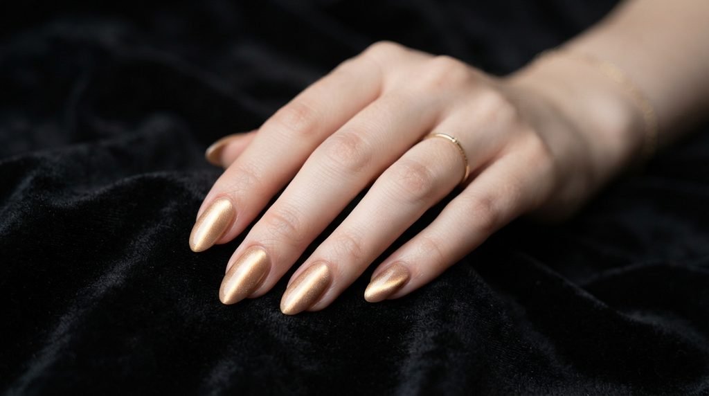 Champagne velvet magnetic cat-eye nails against a black velvet background