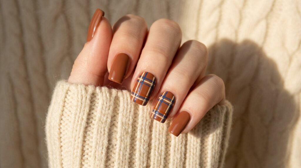 Medium square nails with cinnamon brown base and royal blue plaid art on an 18-year-old female hand with white skin, resting on a knit sweater.