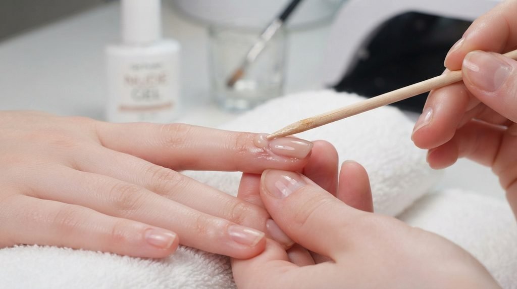 Cleaning gel polish from cuticle edge on a black marble nail using a wooden stick.