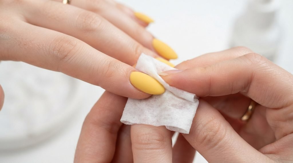 Cleaning matte yellow nail with alcohol pad on female hand with white skin.
