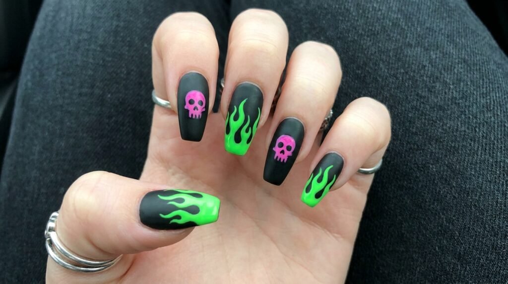 Coffin nails featuring pink skull art and green flame graphics on a white skin hand.
