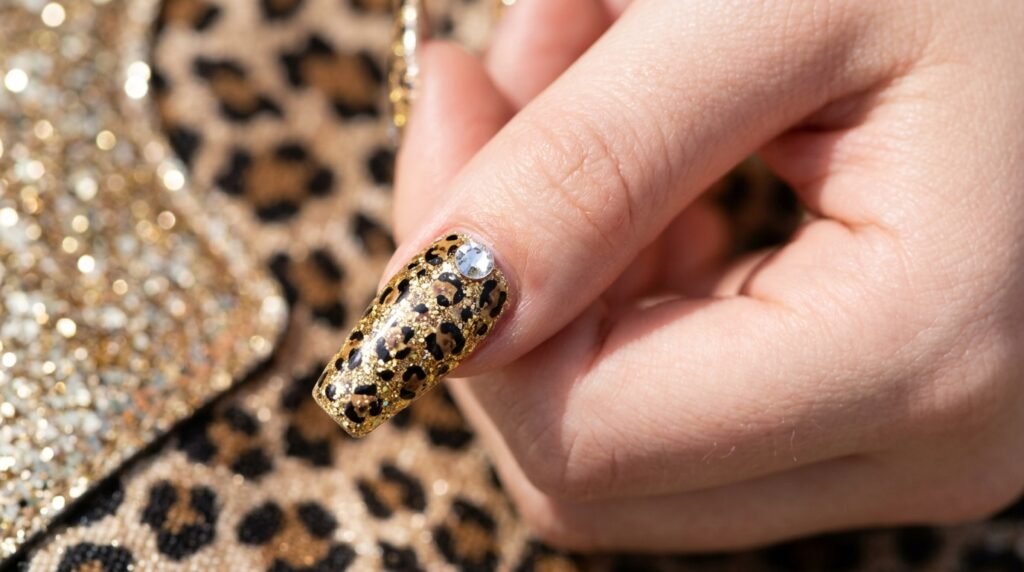 Macro detail of a clear rhinestone placed near the cuticle on a gold glitter leopard nail.