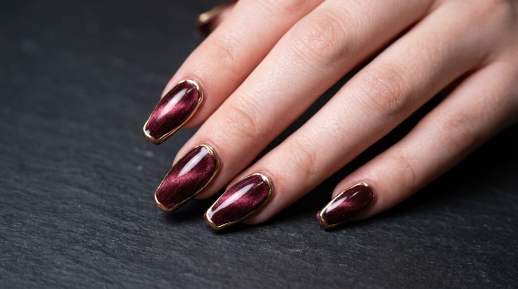 Velvet-effect burgundy coffin nails bordered with a thin raised gold chrome outline on a fair hand.