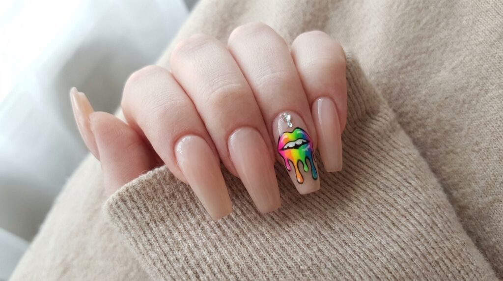 Coffin nails with rainbow dripping lip art and rhinestone detail on white female hand.