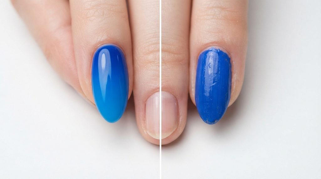 Split macro photo comparing smooth gel blue ombré and streaky traditional lacquer blue ombré on nails.