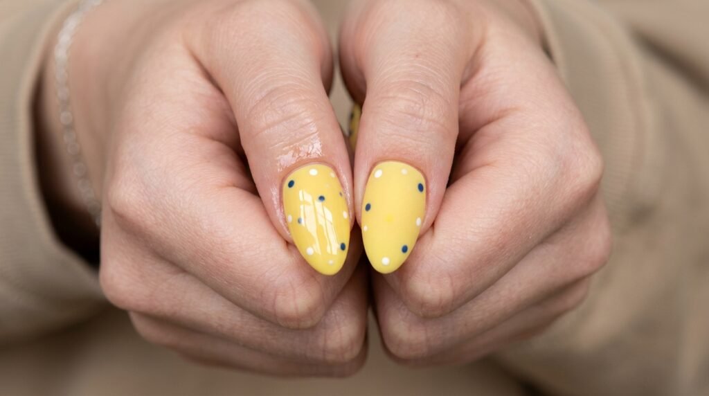 Side-by-side visual detail showing a glossy butter yellow nail next to a matte finish yellow nail.