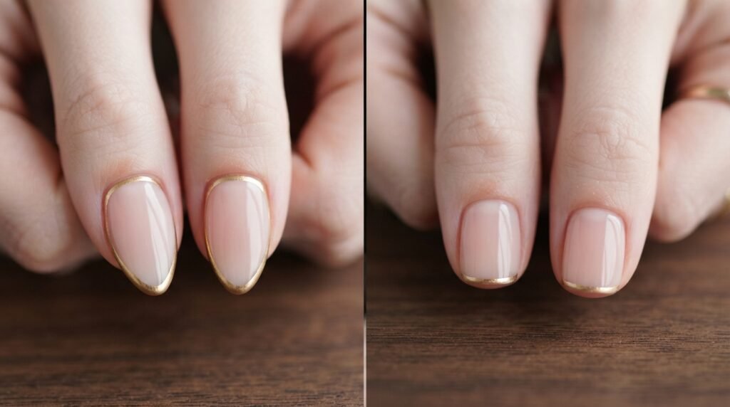 Split macro image comparing almond and short squoval nails on very white skin, both featuring sheer pink nude polish and minimalist gold accents.