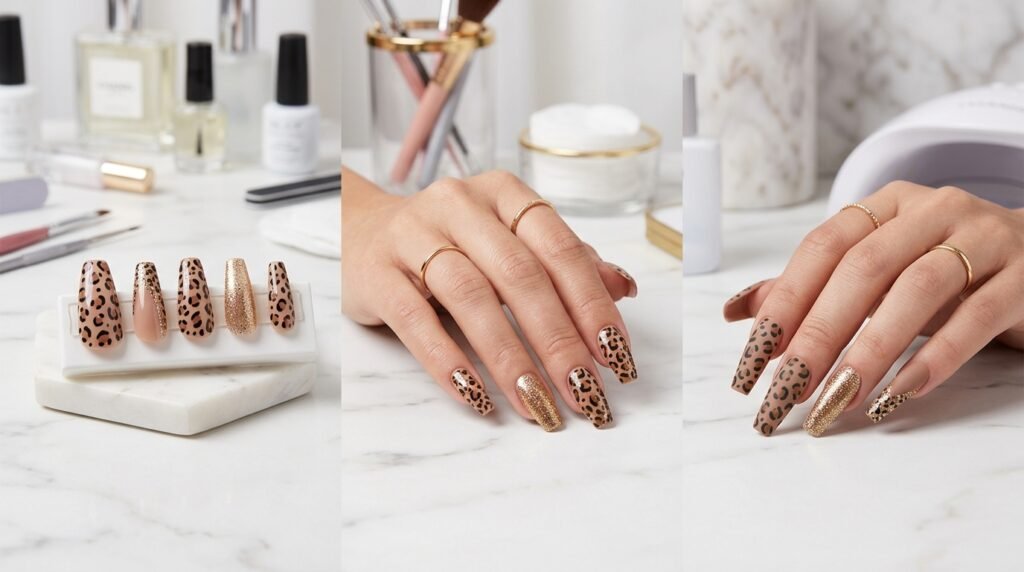 Comparison of leopard print coffin nails in press-on, gel, and acrylic styles with nude, brown, black, and gold glitter designs.
