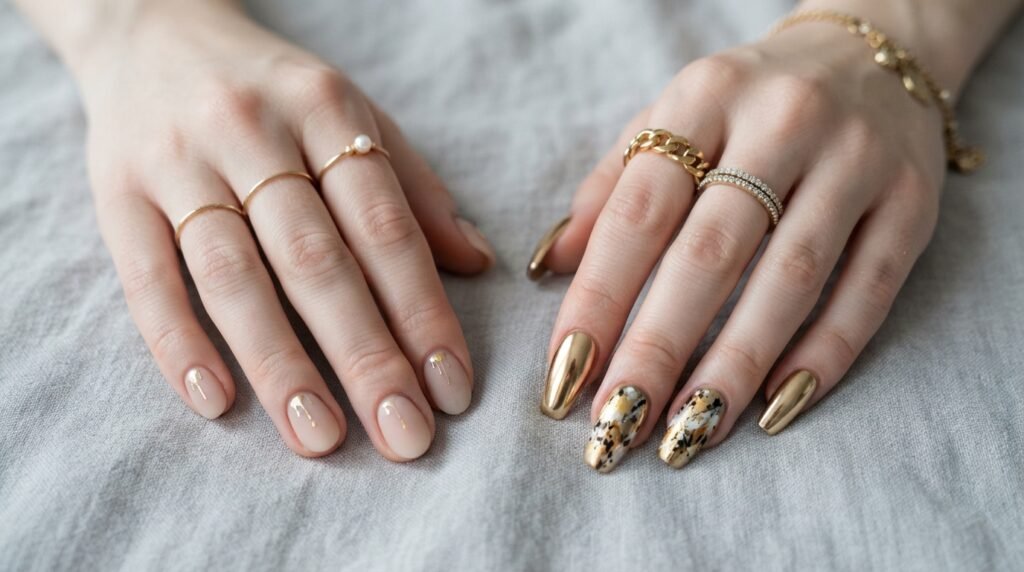 Side-by-side comparison of quiet luxury vs high glam nude and gold chrome nail art on an 18-year-old female hand with very white skin tone.