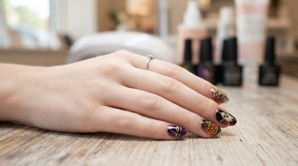 Close-up photograph contrasting professional salon-applied stained glass halloween nails with a DIY attempt using classic polish on an 18-year-old female hand with very white skin against a blurred salon background.
