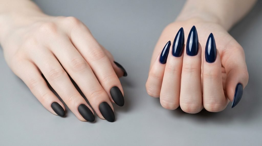Freshly painted dark blue gradient nails resting on a white towel in salon lighting.