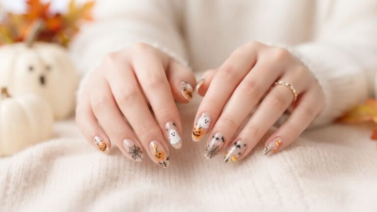 Close-up of almond nails with cute white ghost silhouettes and black botanical line art on white skin.