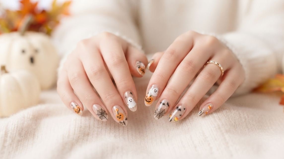 Close-up of almond nails with cute white ghost silhouettes and black botanical line art on white skin.