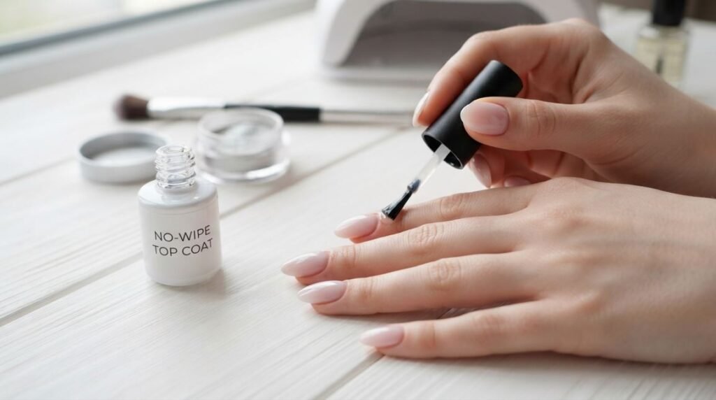 Close-up of a hand carefully applying top coat over a milky pink almond nail during a home manicure.