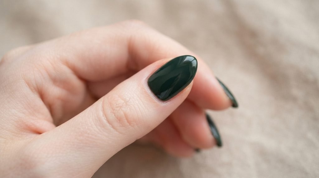 Clean nail border near cuticle with dark green gel polish.