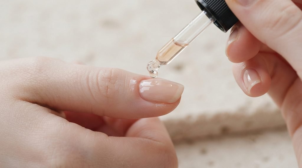 Cuticle oil drop applied to the cuticle fold of a manicured nail on a hand with very white skin.