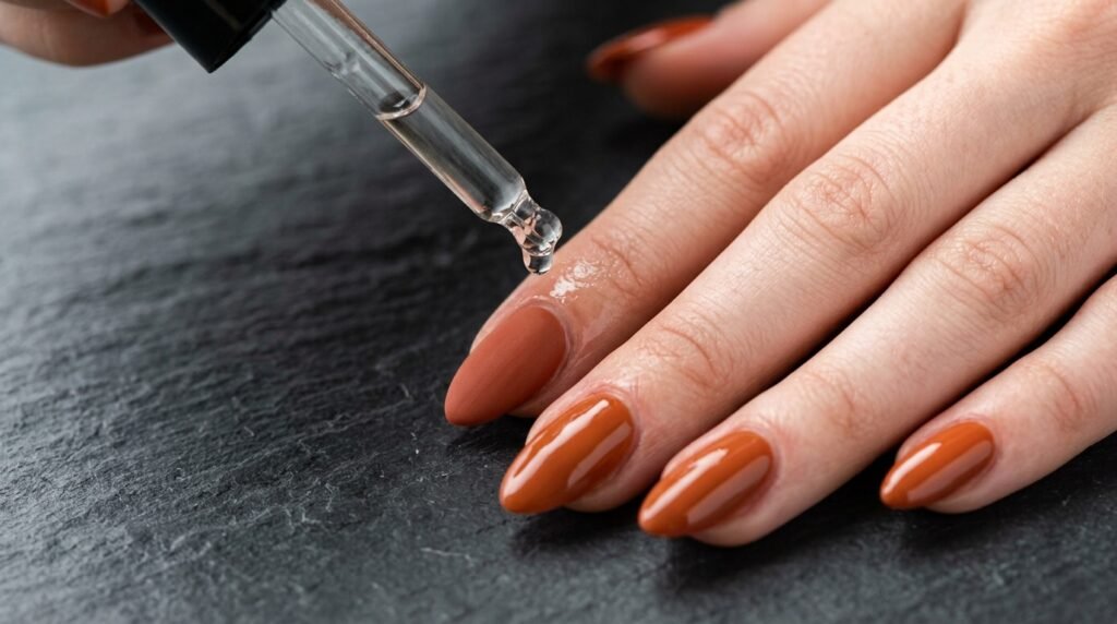 Cuticle oil dropper near burnt orange and matte almond nails on 18-year-old female white hand.