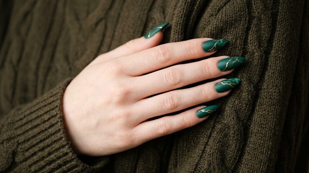 Fair skin eighteen year old hand displaying matte emerald green stiletto nails with gold foil against an olive green knit sweater.