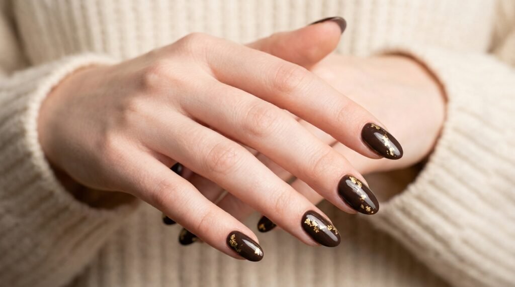 Close-up of 18-year-old female hand with very white skin showing deep espresso oval nails adorned with scattered gold foil.