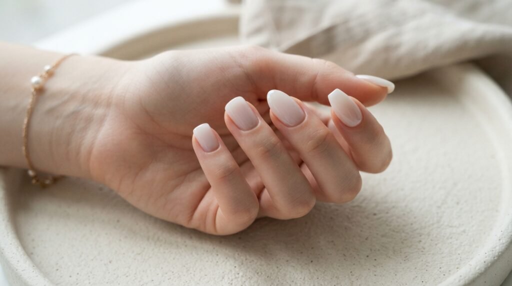 Close-up of a hand showcasing square, oval, almond, and coffin nail shapes with a matching milky glazed finish.