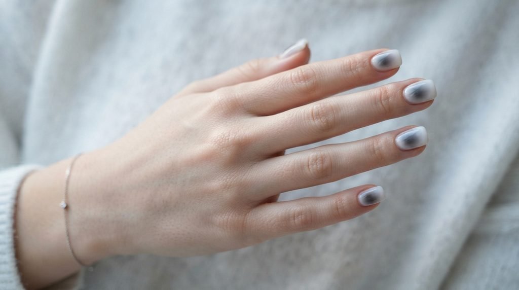 A close-up photograph of short squoval nails featuring a smoky gray and white aura design on a very white 18-year-old female hand, against a cool white cashmere background.