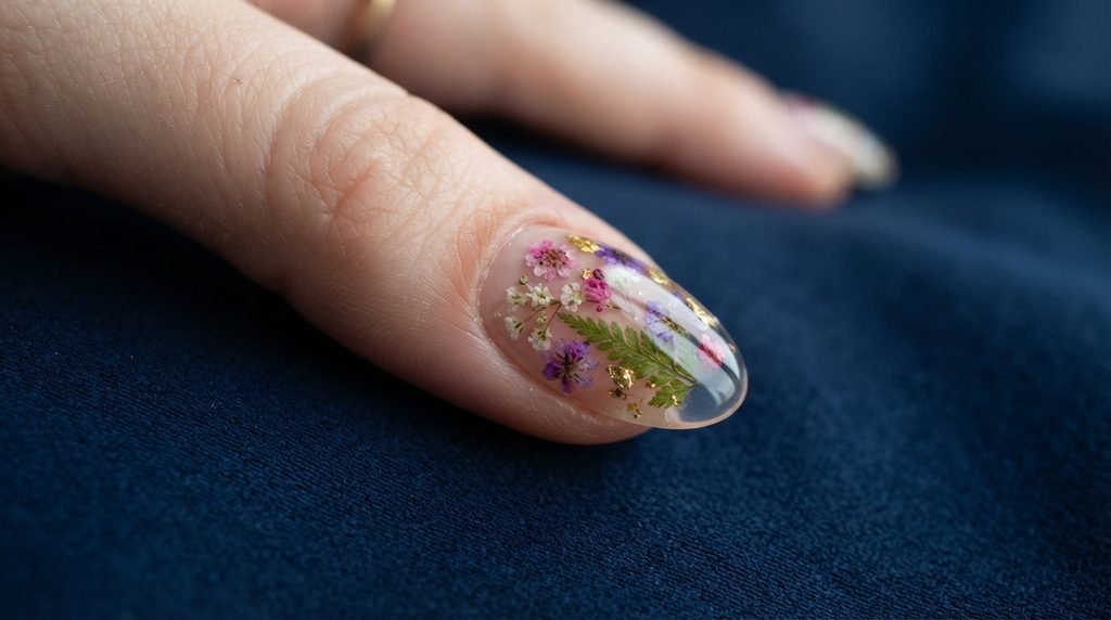 Side angle of a perfectly smooth encapsulated floral gel nail on a female hand with white skin over midnight blue.