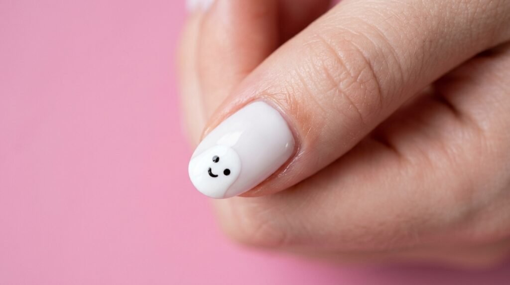 Detailed shot of a ghost face painted with black dots on a white nail tip over a white skin hand.
