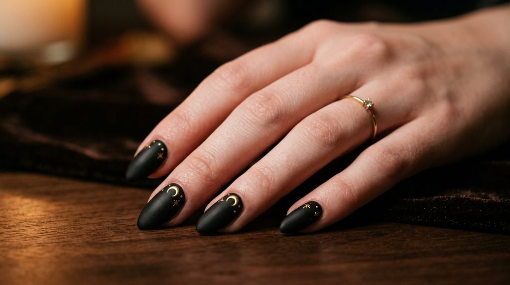Matte black almond nails accented with small metallic gold moons near the cuticles.