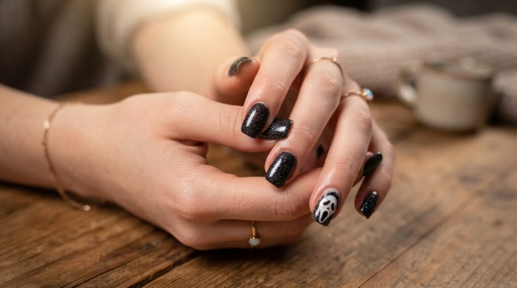 Black glitter nails with a ghost mask accent nail on an eighteen year old fair hand.
