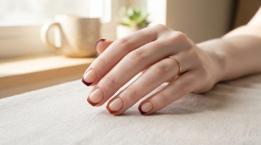 Short square nails with matte burgundy French tips on an 18-year-old female hand with very white skin.