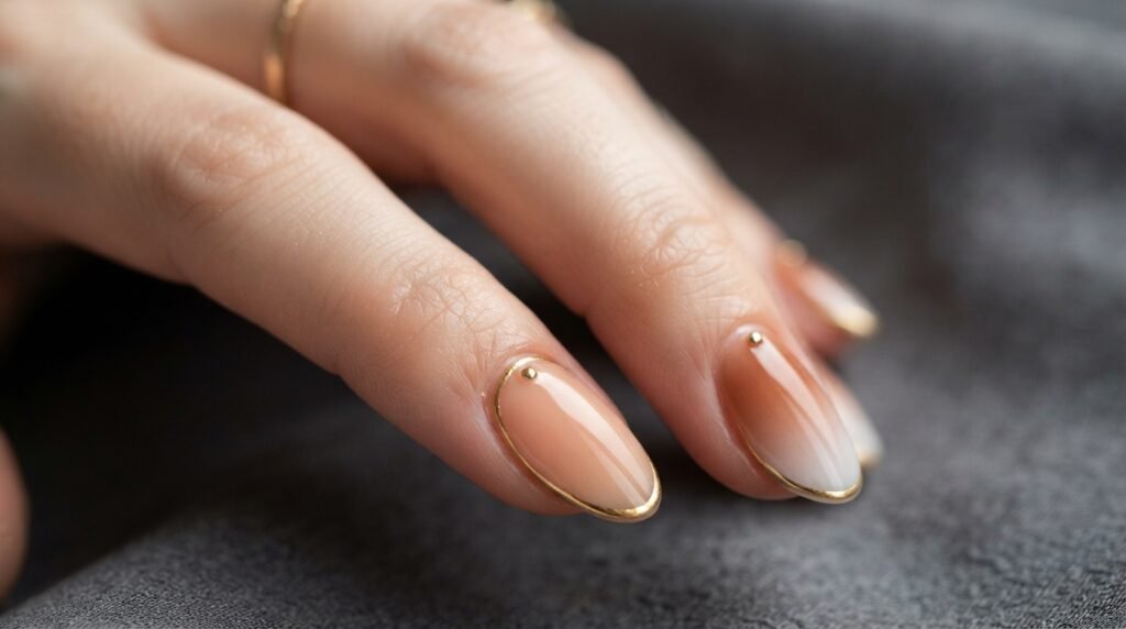 Close-up of two fingers with very white skin showing different sheer nude almond nails (peachy and gradient copper) both with thin gold outlines and accents.