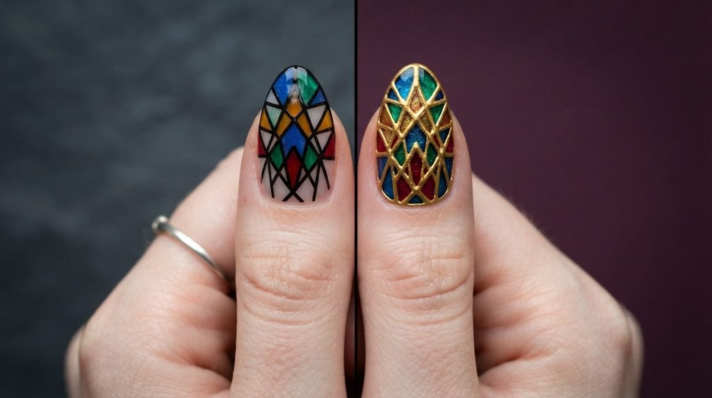Close-up photograph showing a side-by-side comparison of black outlines versus gold outlines on an 18-year-old female hand with very white skin and stained glass nail art.