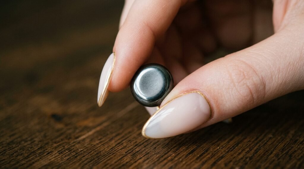 Close-up of thumb and index finger with very white skin showing stiletto nails with sheer milky nude polish and complete gold perimeter outlines.