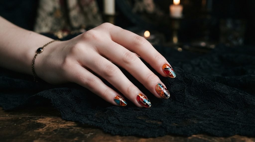 Close-up photograph of an 18-year-old female hand with very white skin resting on black lace, showcasing colorful jewel-toned stained glass nail art.
