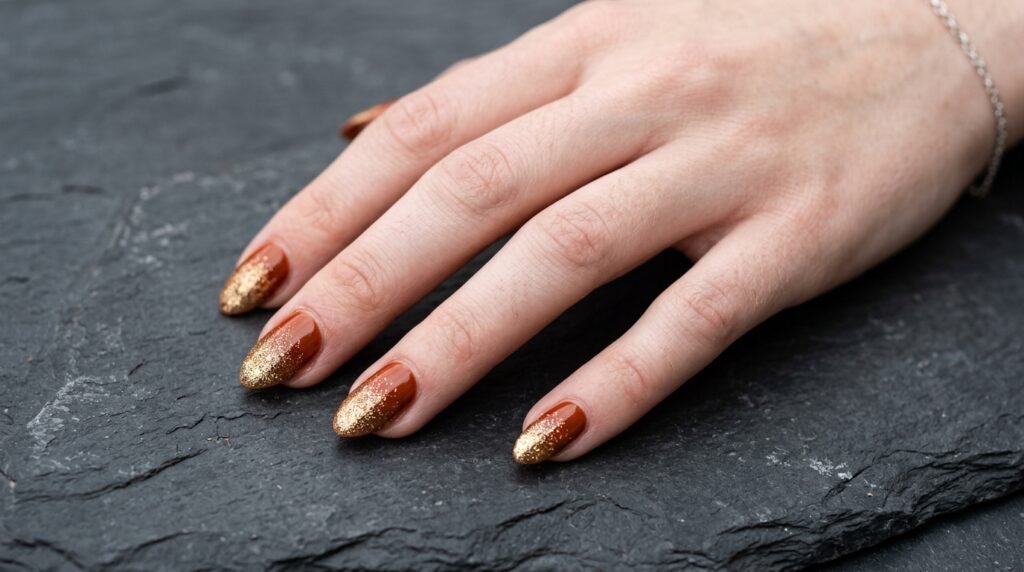 Burnt orange almond nails with metallic gold glitter ombre tips on 18-year-old female white hand.