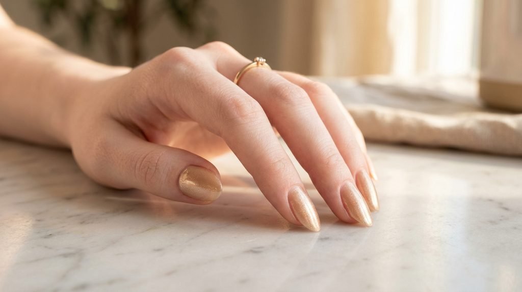 Almond nails with champagne polish on a white marble table in warm light.